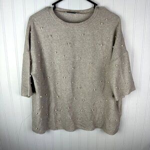 Zara Trafaluc‎ Cream Short Sleeve Sweater Size Small Beaded pearl Detail